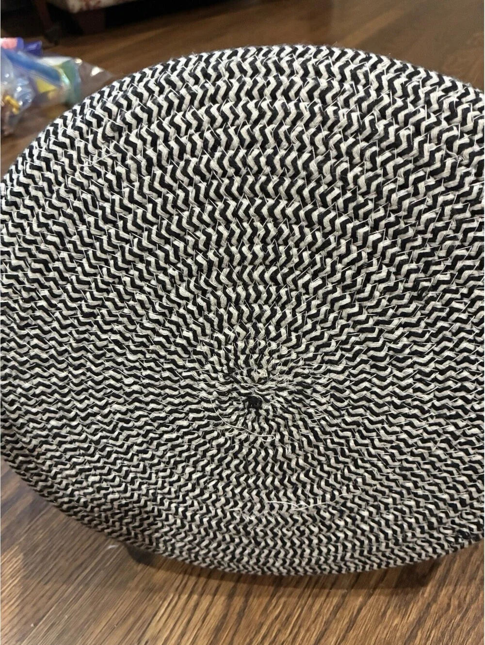 Woven Cotton Rope Storage Basket Black White Chevron Stripe Handle Oval ~18